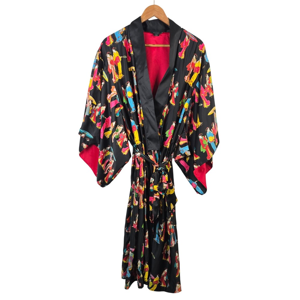 Natori Womens XL Black Geisha Print Satin Kimono Robe Belted Lined Long 48in